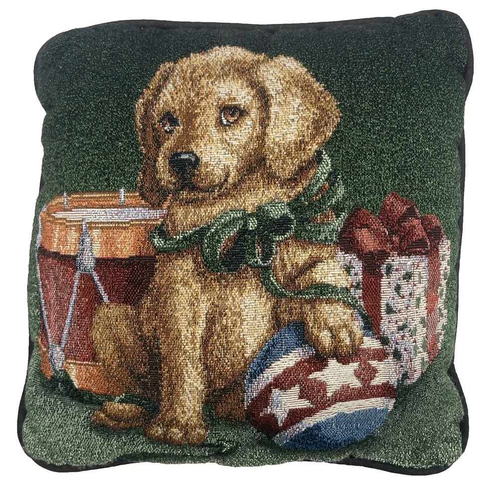 Vtg Puppy Lab Dog Christmas Tapestry Small‎ Decorative Throw Pillow Presents 11